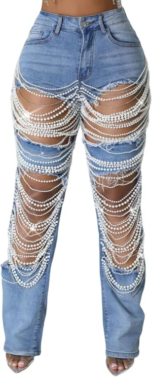 DINGANG Women's Cut Out Straight Leg Ripped Jeans with Rhinestones Pearl Bling Distressed Stretchy Denim Pants