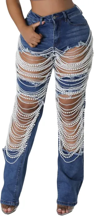 DINGANG Women's Cut Out Straight Leg Ripped Jeans with Rhinestones Pearl Bling Distressed Stretchy Denim Pants