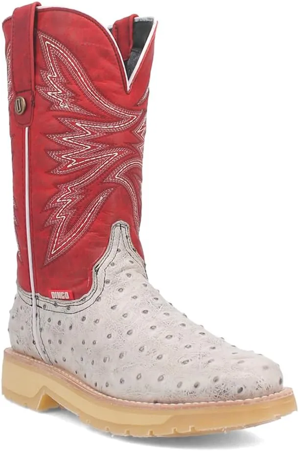 Dingo Mens Kiwi Embroidered Ostrich Round Toe Casual Boots Mid Calf - Off White, Red