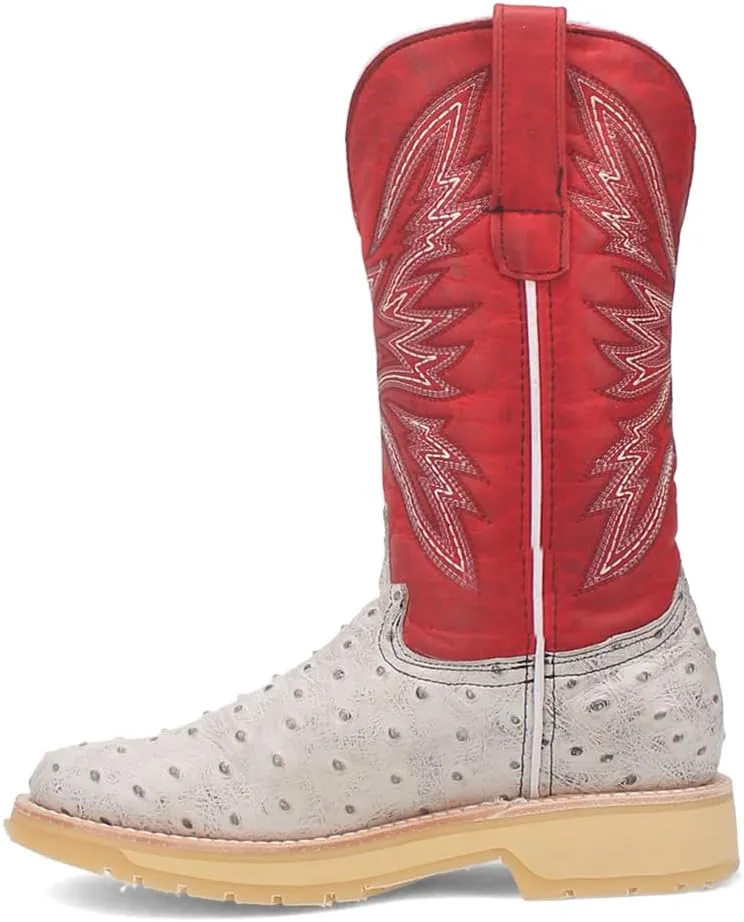 Dingo Mens Kiwi Embroidered Ostrich Round Toe Casual Boots Mid Calf - Off White, Red