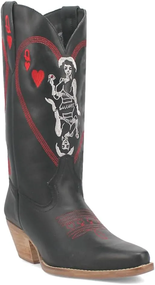 Dingo Womens Queen A Hearts Round Toe Embroidered Casual Boots Mid Calf Mid Heel 2-3" - Black
