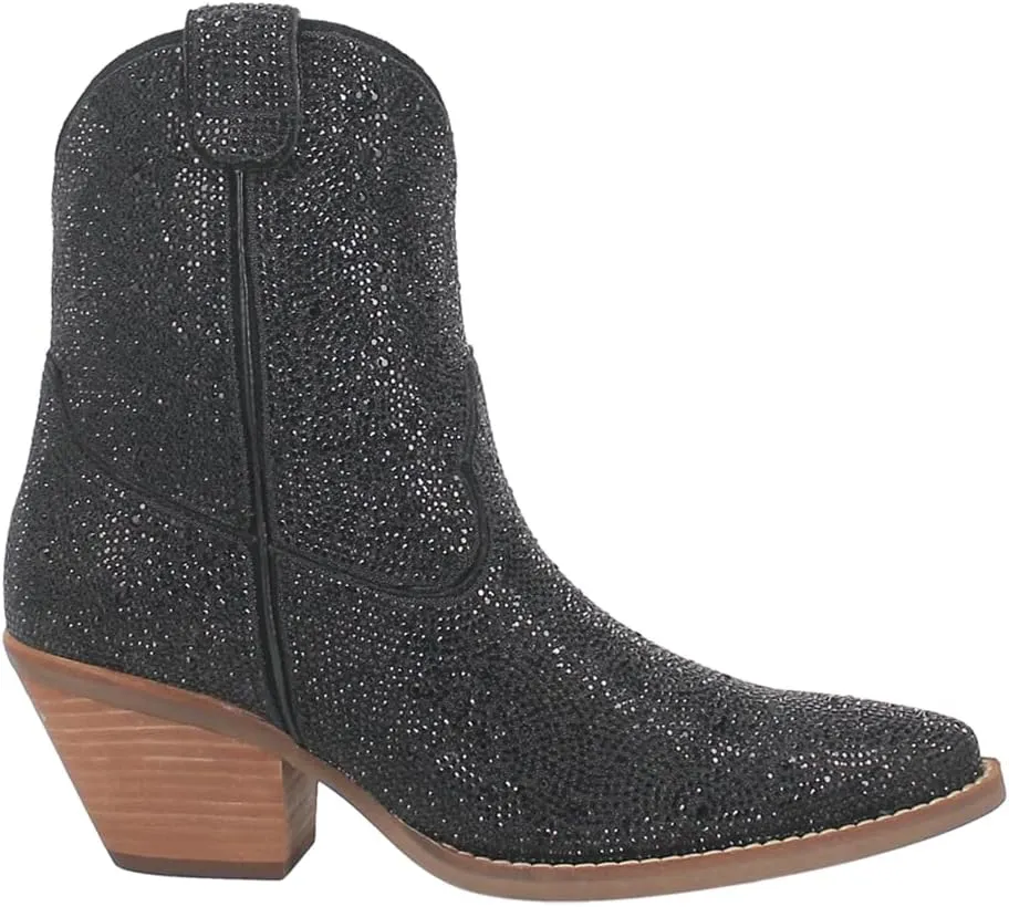 Dingo Womens Rhinestone Cowgirl Round Toe Zippered Casual Boots Ankle Mid Heel 2-3" - Black