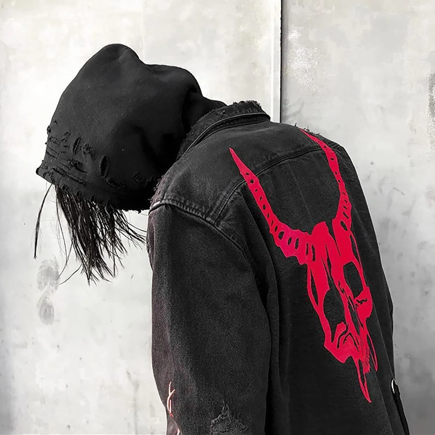 DIOTSR Mens Distressed Denim Jacket Casual Ripped Holes Jean Jacket Hip Hop Punk Street Outwear Black