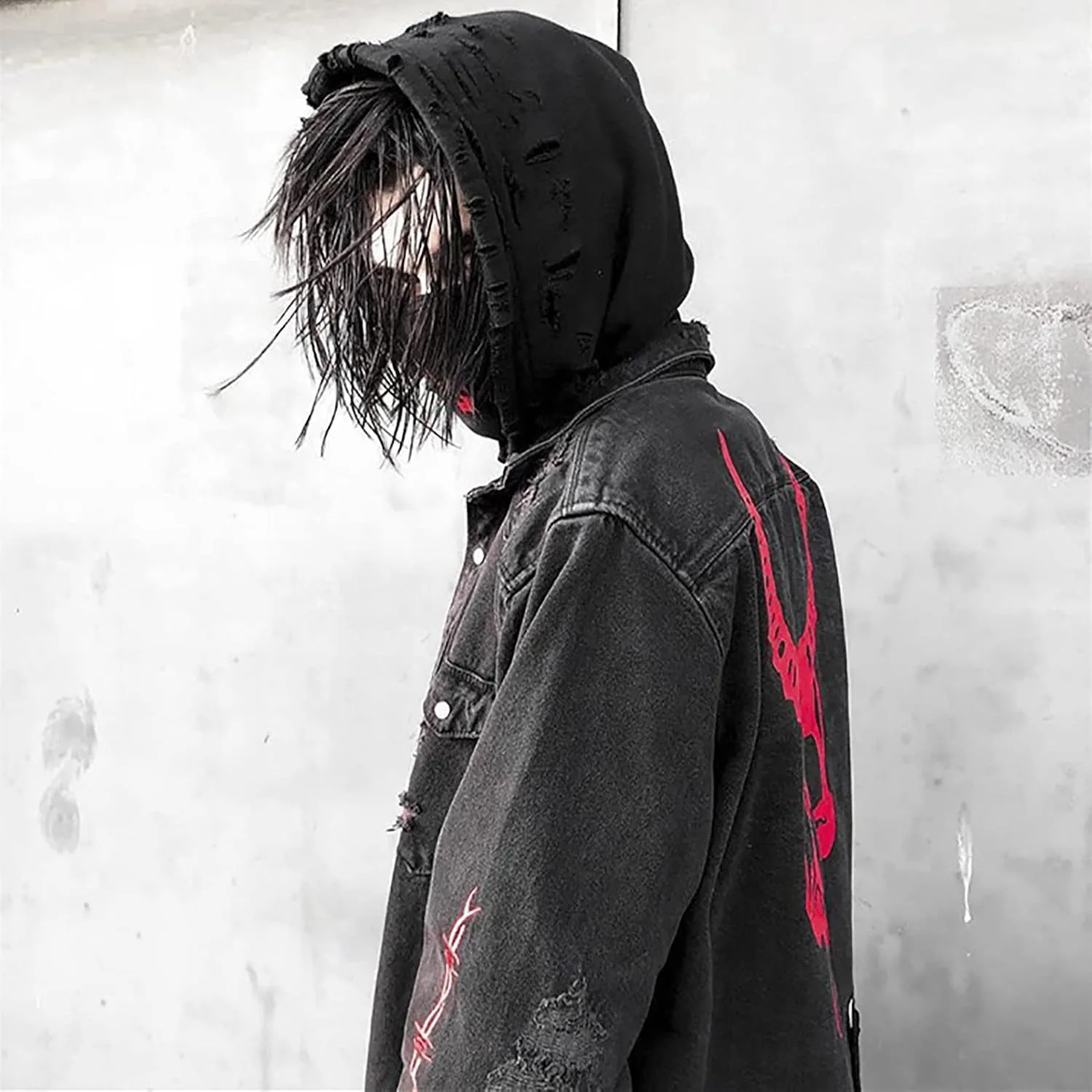 DIOTSR Mens Distressed Denim Jacket Casual Ripped Holes Jean Jacket Hip Hop Punk Street Outwear Black