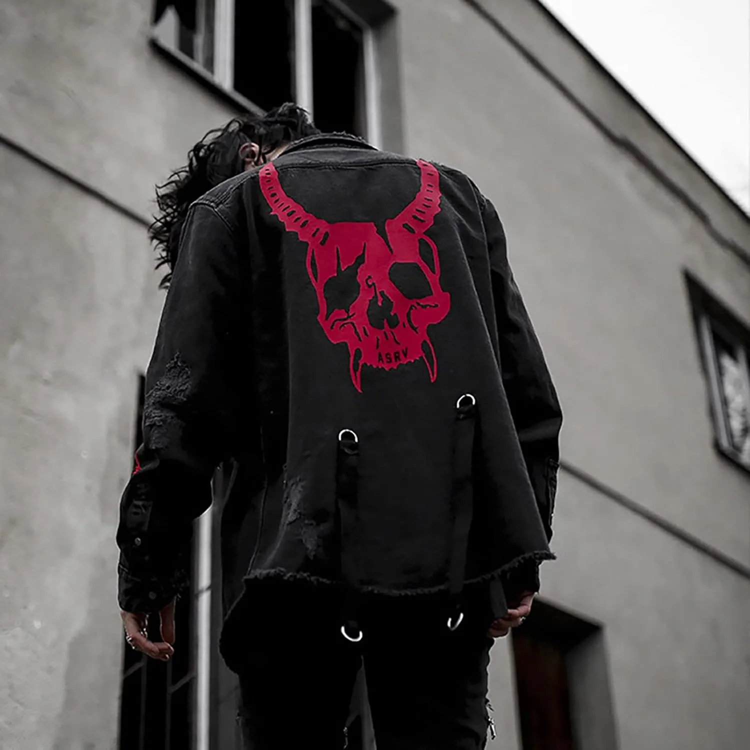 DIOTSR Mens Distressed Denim Jacket Casual Ripped Holes Jean Jacket Hip Hop Punk Street Outwear Black