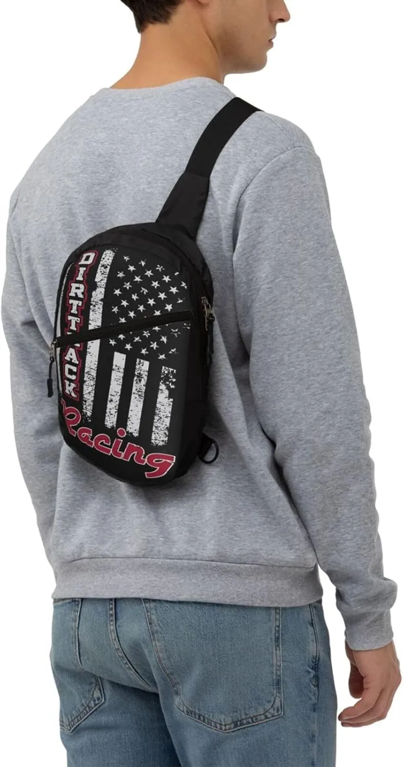 Dirt Track Racing American Flag Portable Sling Bags Packable Crossbody Bag Foldable Sport Daypack Reusable Shoulder Backpack Diagonally Chest Bag for Workout Travel