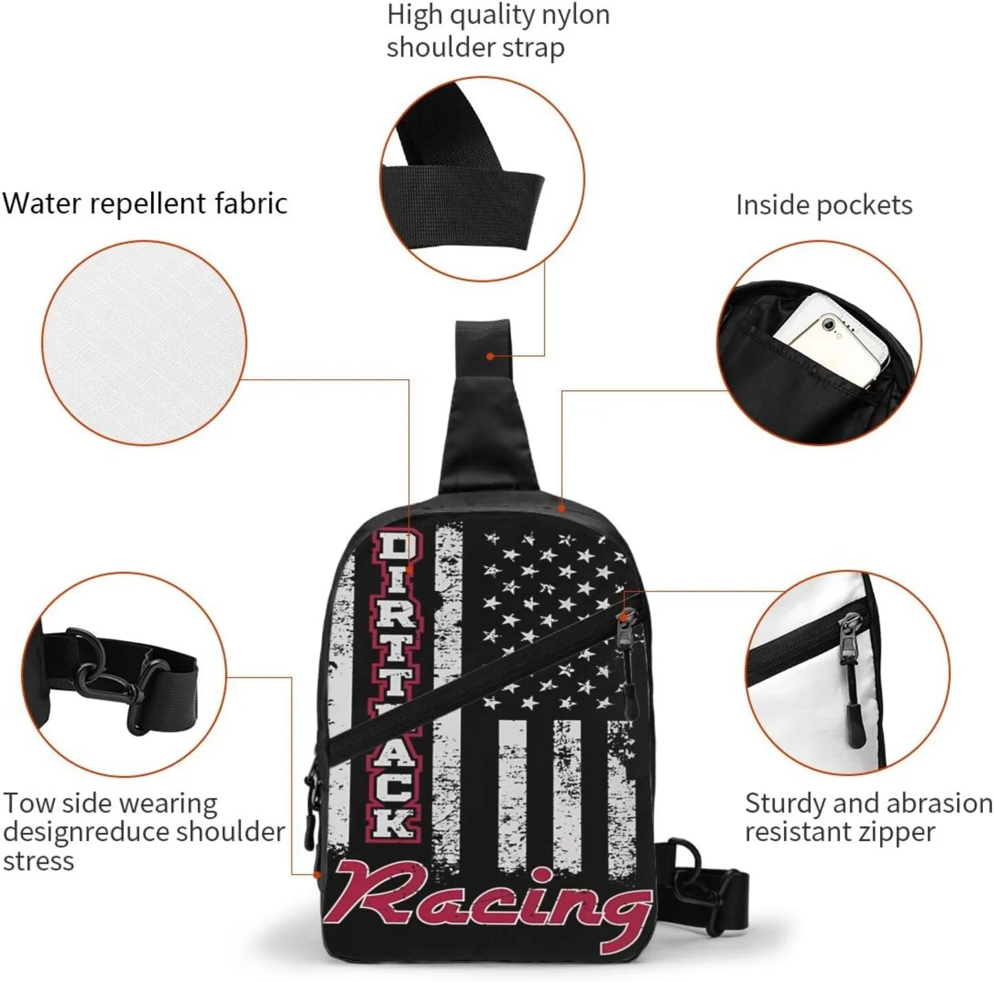 Dirt Track Racing American Flag Portable Sling Bags Packable Crossbody Bag Foldable Sport Daypack Reusable Shoulder Backpack Diagonally Chest Bag for Workout Travel