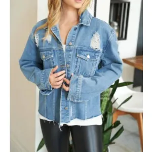 Distressed Denim Jean Jacket In Blue