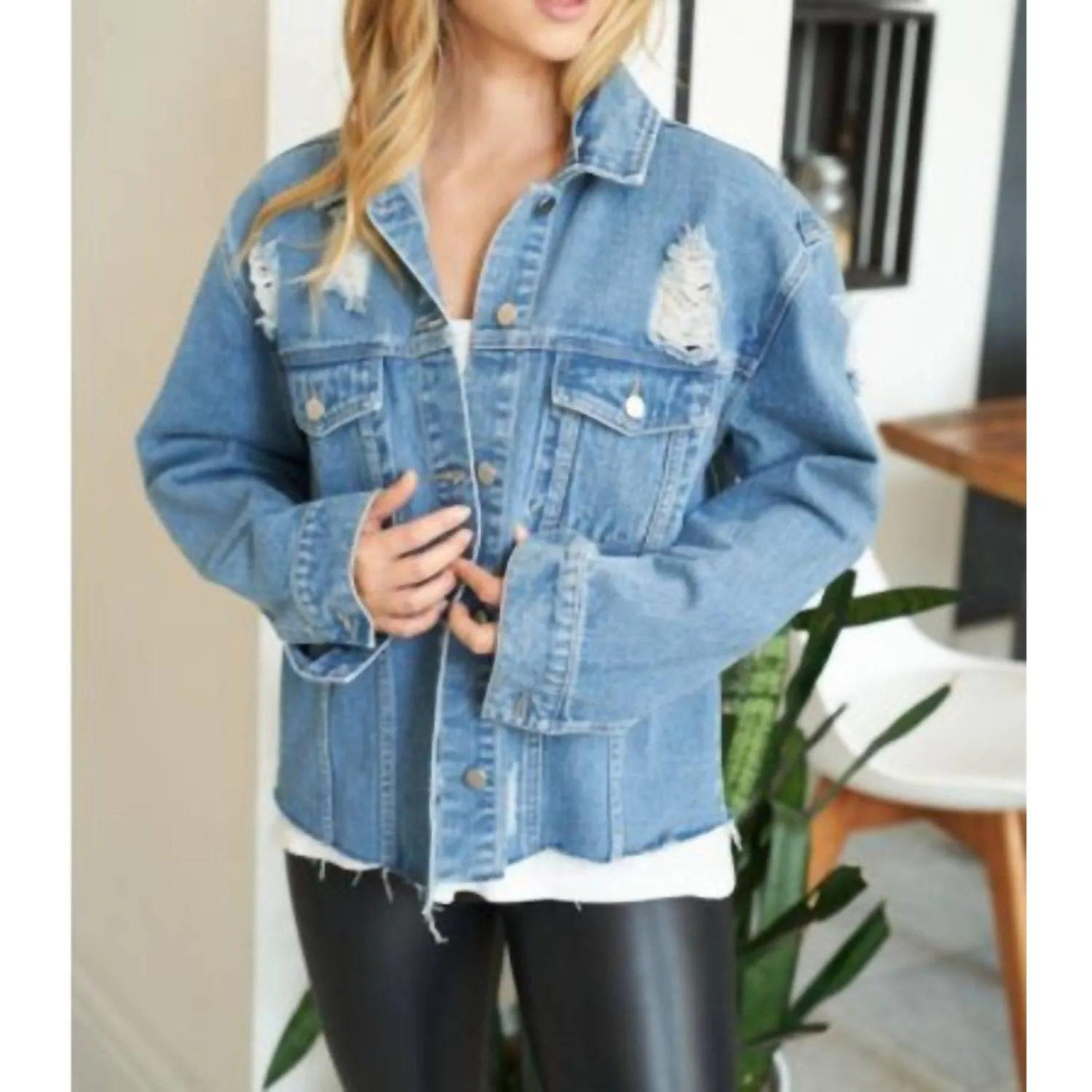 Distressed Denim Jean Jacket In Blue