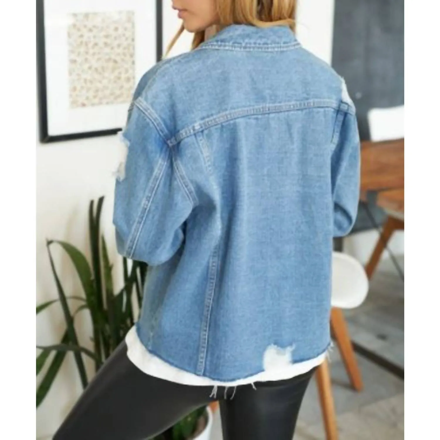 Distressed Denim Jean Jacket In Blue