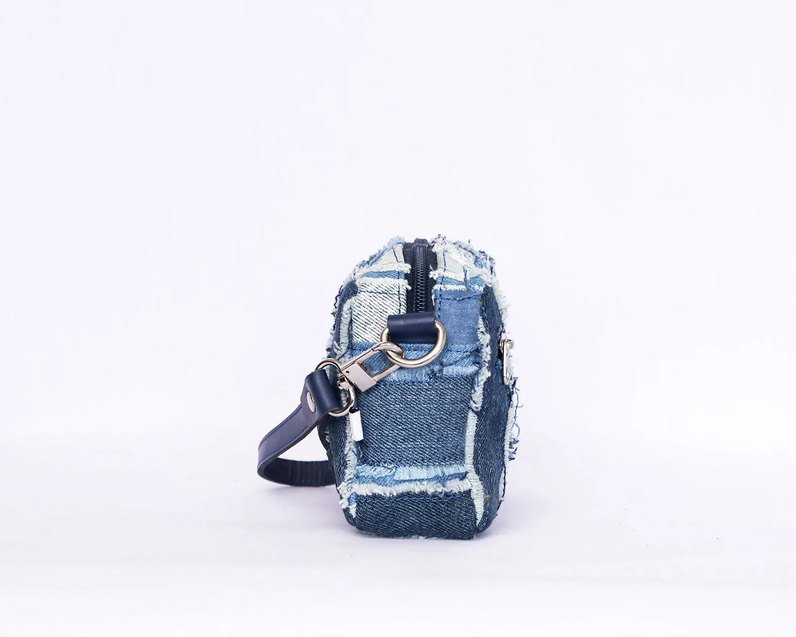 Distressed Denim Panel Patchwork Crossbody Bag