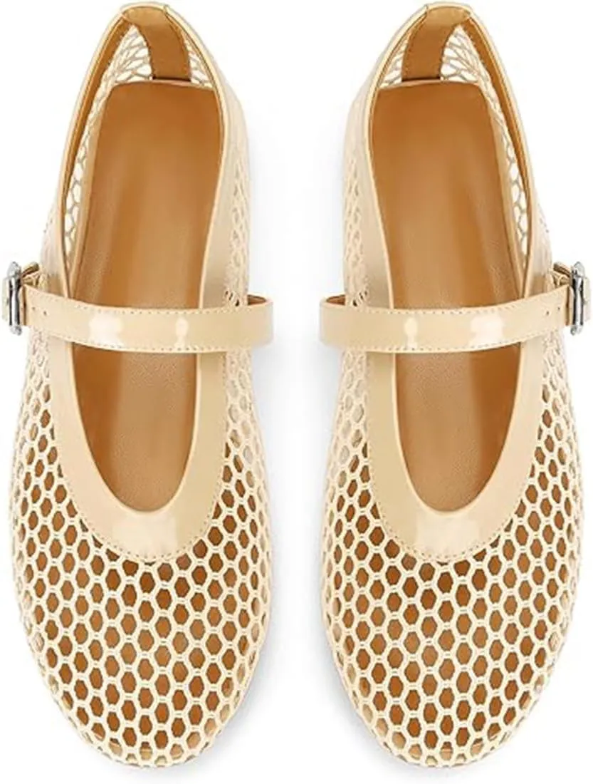 Divanne Ballet Flats for Women, Leopard Ballerina Shoes Crystal-Embellished Mary Jane Flats Mesh Flat Shoes