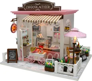 DIY Miniature House Kits, Mini Dollhouse Making Kit with Tiny Furniture, 1:24 Scale 3D Wooden Crafts for Adult to Building, Home Decor Birthday Gifts for Family and Friends(Chocolate Shop)