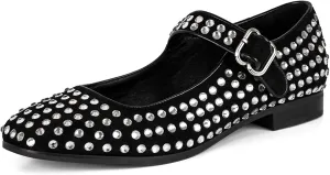 DOEYG Rhinestone Mary Jane Flats for Women Sparkly Ballet Flats with Buckle Strap Square Toe Embellished Mary Jane Shoes Comfy Casual Studded Ballerina Shoes…