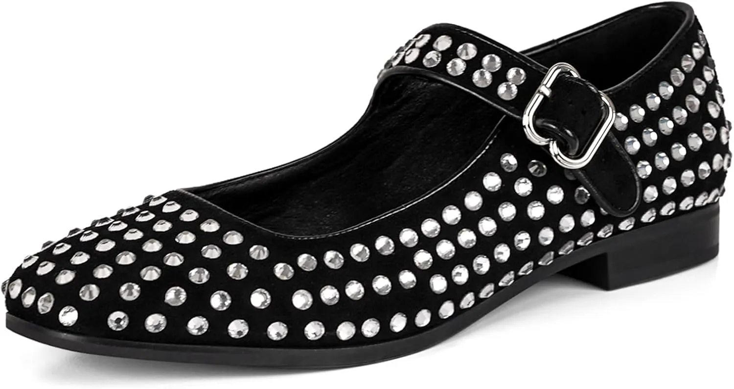 DOEYG Rhinestone Mary Jane Flats for Women Sparkly Ballet Flats with Buckle Strap Square Toe Embellished Mary Jane Shoes Comfy Casual Studded Ballerina Shoes…