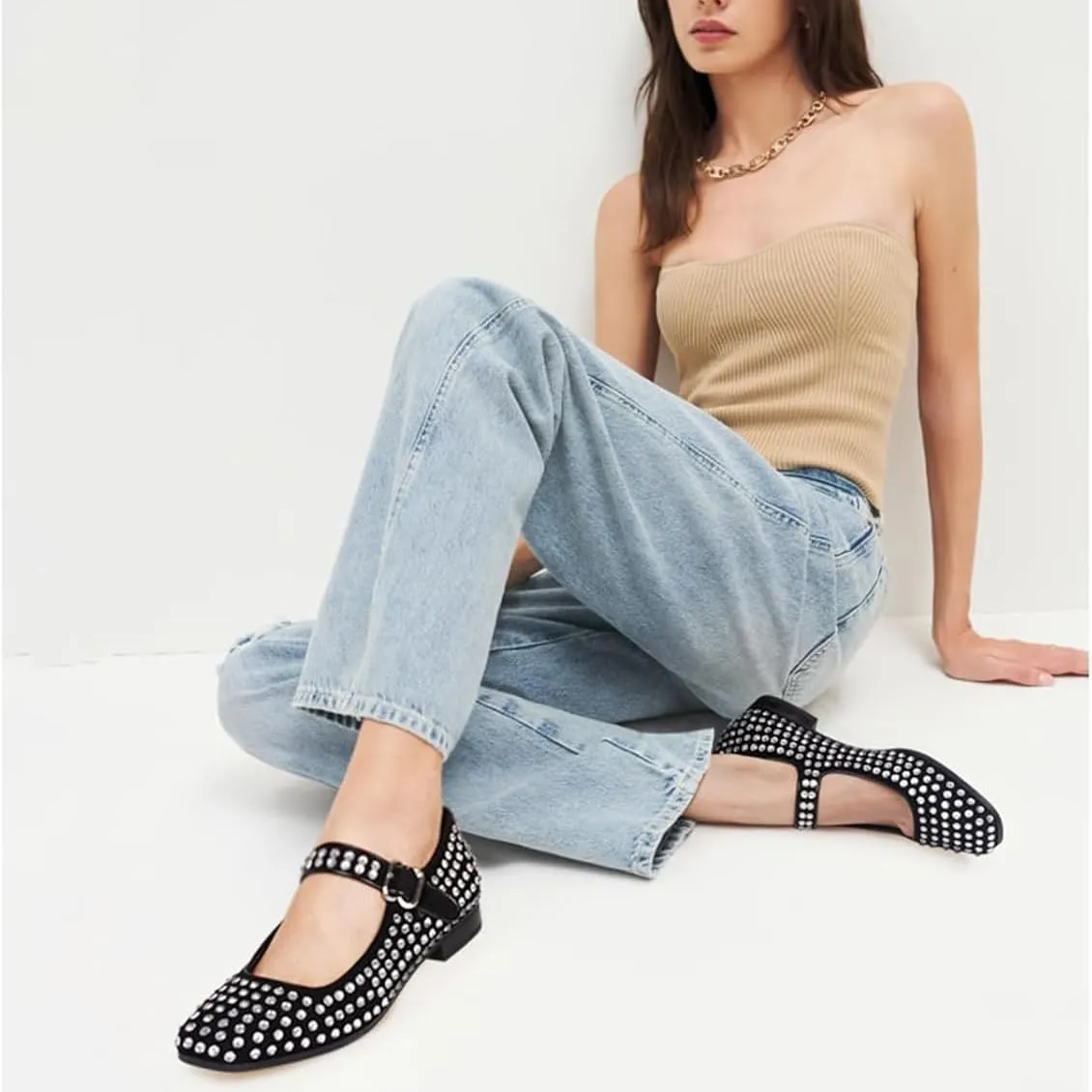 DOEYG Rhinestone Mary Jane Flats for Women Sparkly Ballet Flats with Buckle Strap Square Toe Embellished Mary Jane Shoes Comfy Casual Studded Ballerina Shoes…