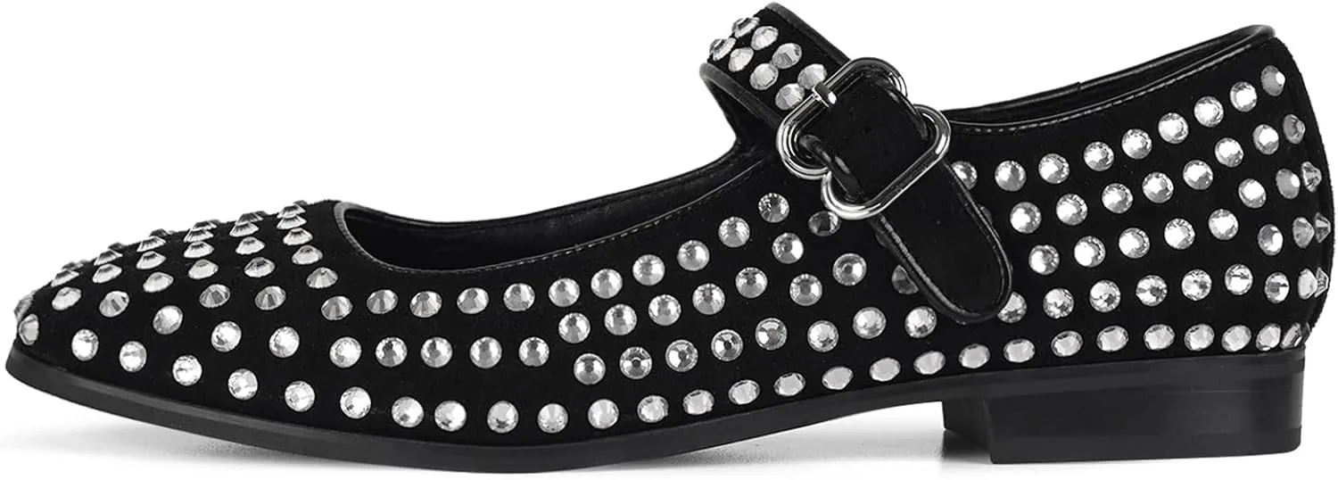 DOEYG Rhinestone Mary Jane Flats for Women Sparkly Ballet Flats with Buckle Strap Square Toe Embellished Mary Jane Shoes Comfy Casual Studded Ballerina Shoes…