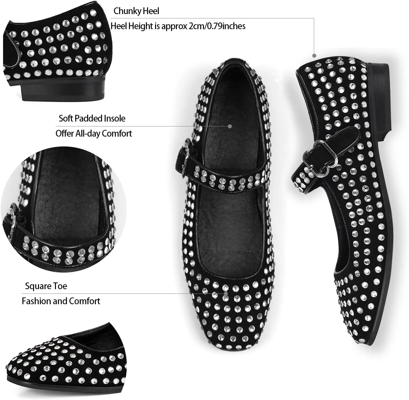 DOEYG Rhinestone Mary Jane Flats for Women Sparkly Ballet Flats with Buckle Strap Square Toe Embellished Mary Jane Shoes Comfy Casual Studded Ballerina Shoes…