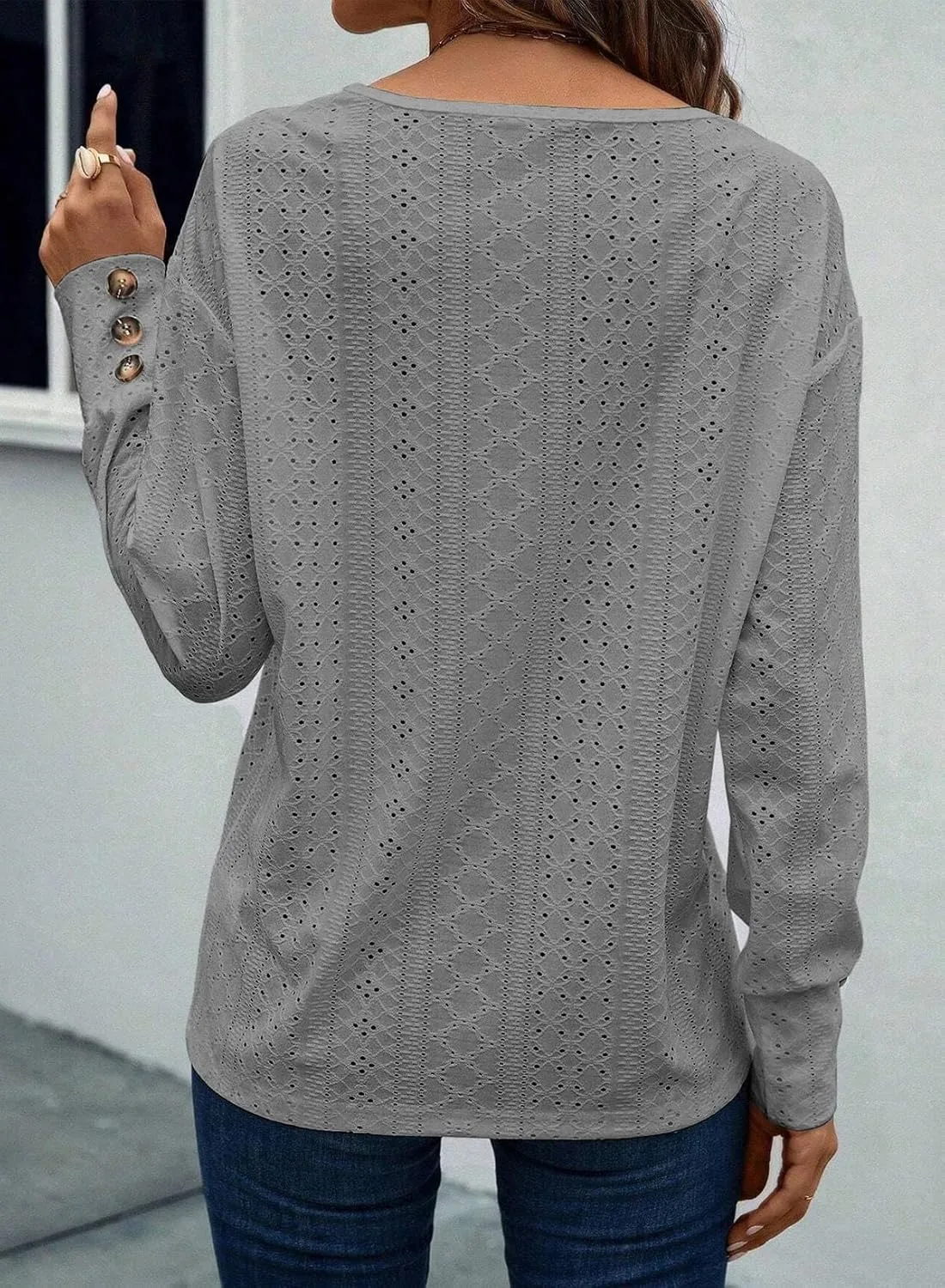 Dokotoo Women's Tops Dressy Casual V Neck Long Sleeve Buttons Hollow Out Lace Embroidered Blouses Shirts