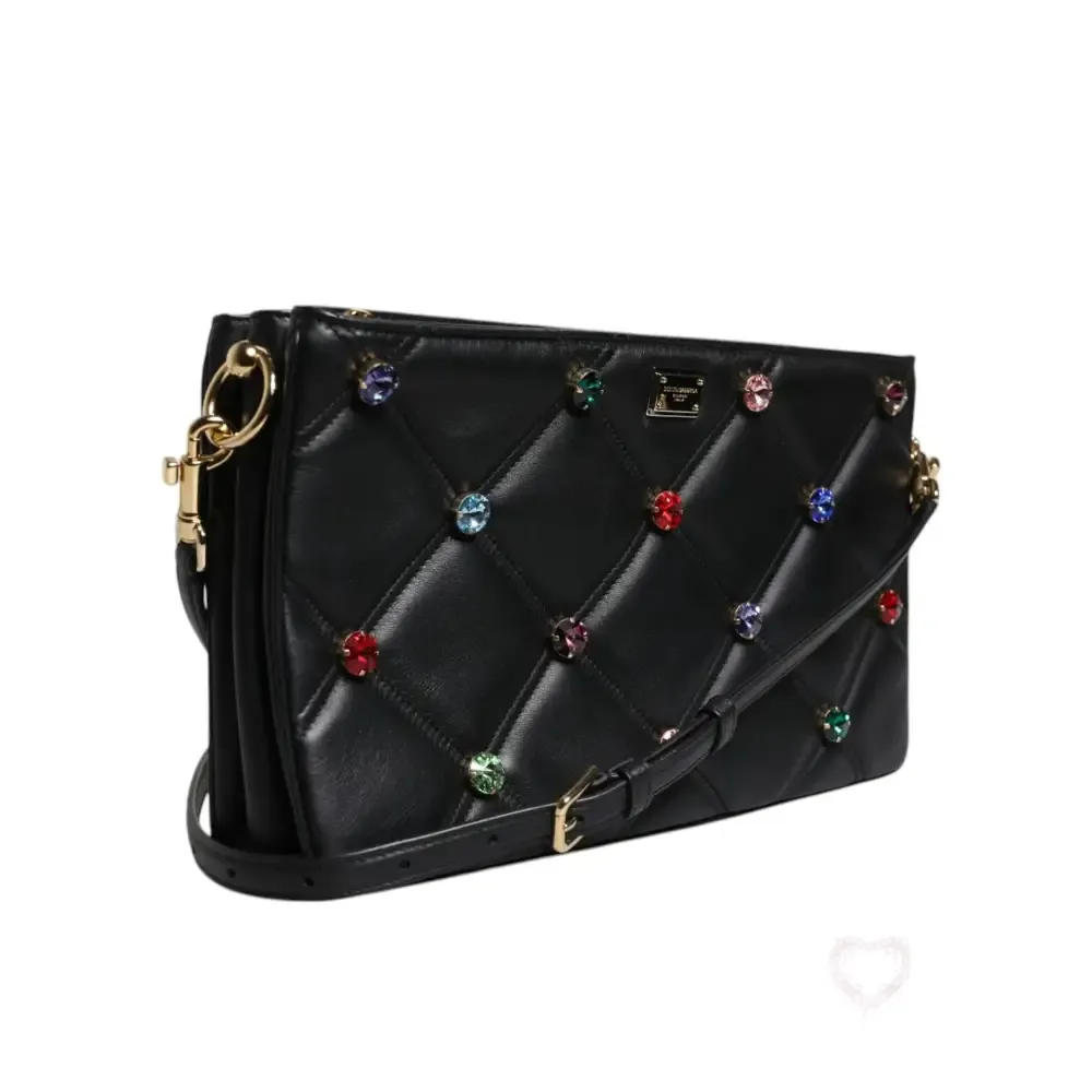 Dolce & Gabbana Black Leather Crystal Embellished Logo Shoulder Bag