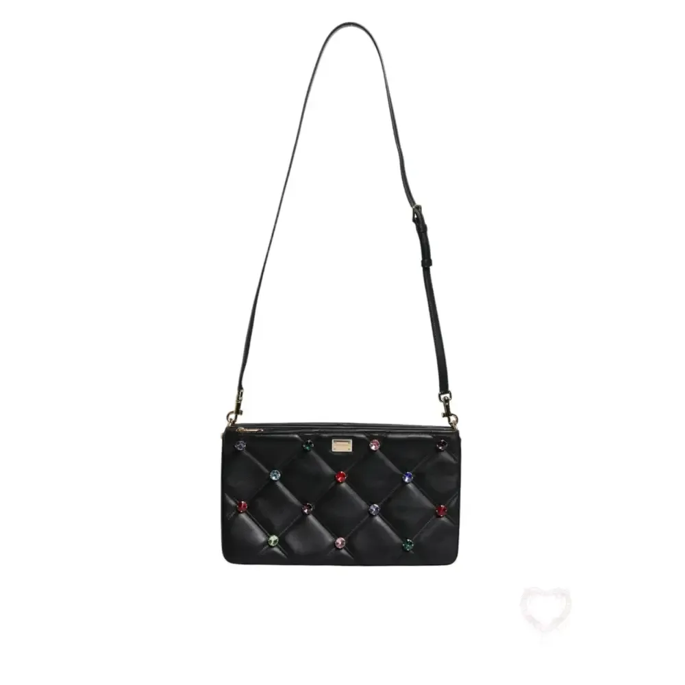 Dolce & Gabbana Black Leather Crystal Embellished Logo Shoulder Bag