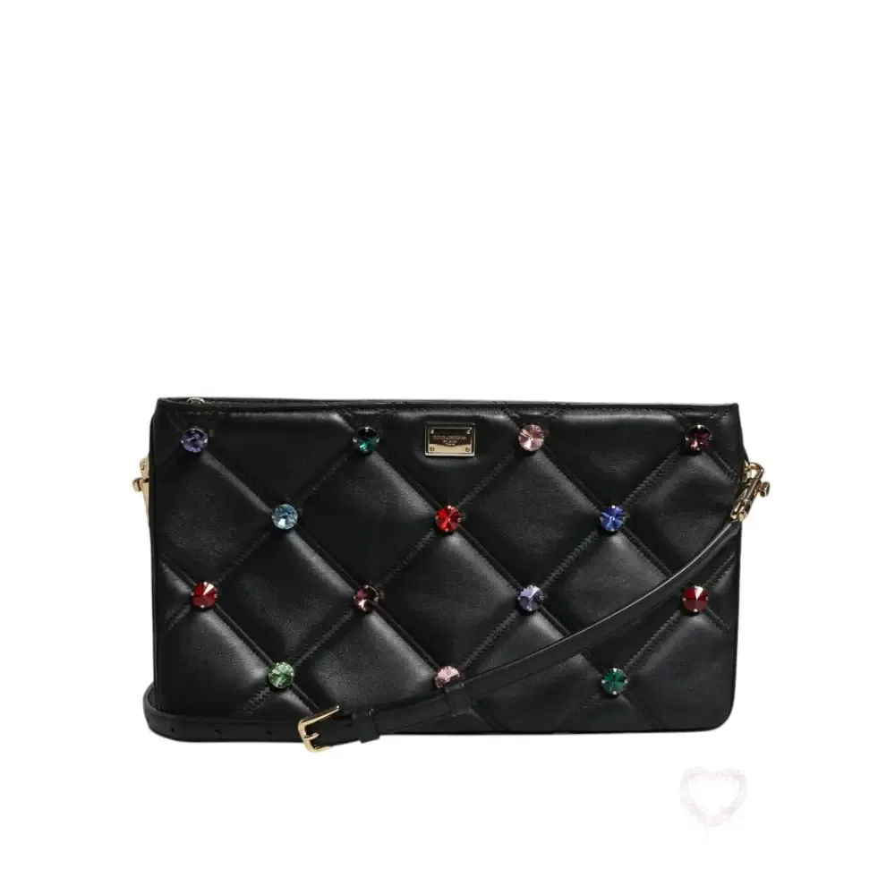 Dolce & Gabbana Black Leather Crystal Embellished Logo Shoulder Bag