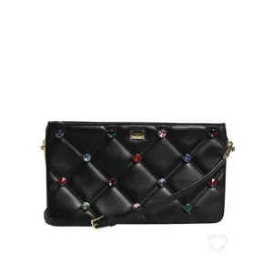 Dolce & Gabbana Black Leather Crystal Embellished Logo Shoulder Bag