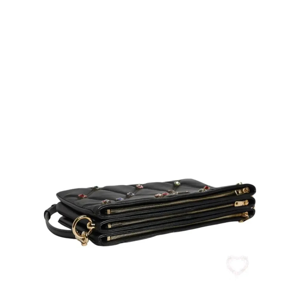 Dolce & Gabbana Black Leather Crystal Embellished Logo Shoulder Bag