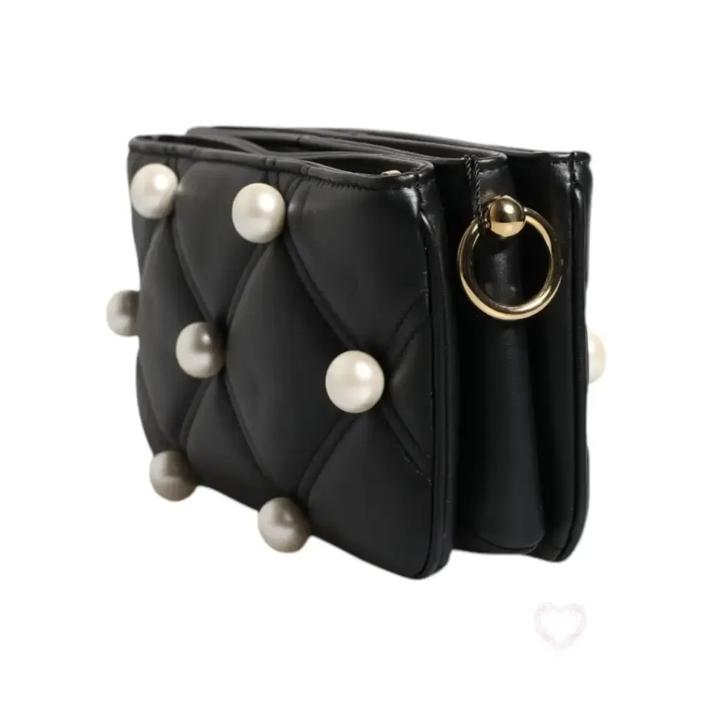 Dolce & Gabbana Black Leather Pearl Embellished Logo Shoulder Bag