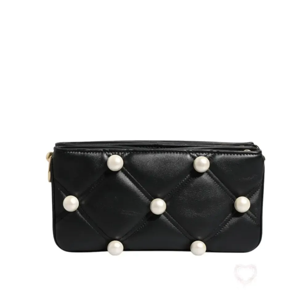 Dolce & Gabbana Black Leather Pearl Embellished Logo Shoulder Bag