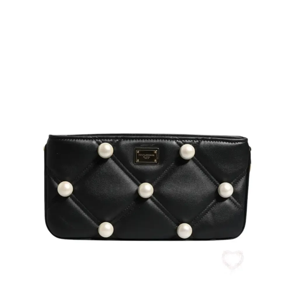 Dolce & Gabbana Black Leather Pearl Embellished Logo Shoulder Bag