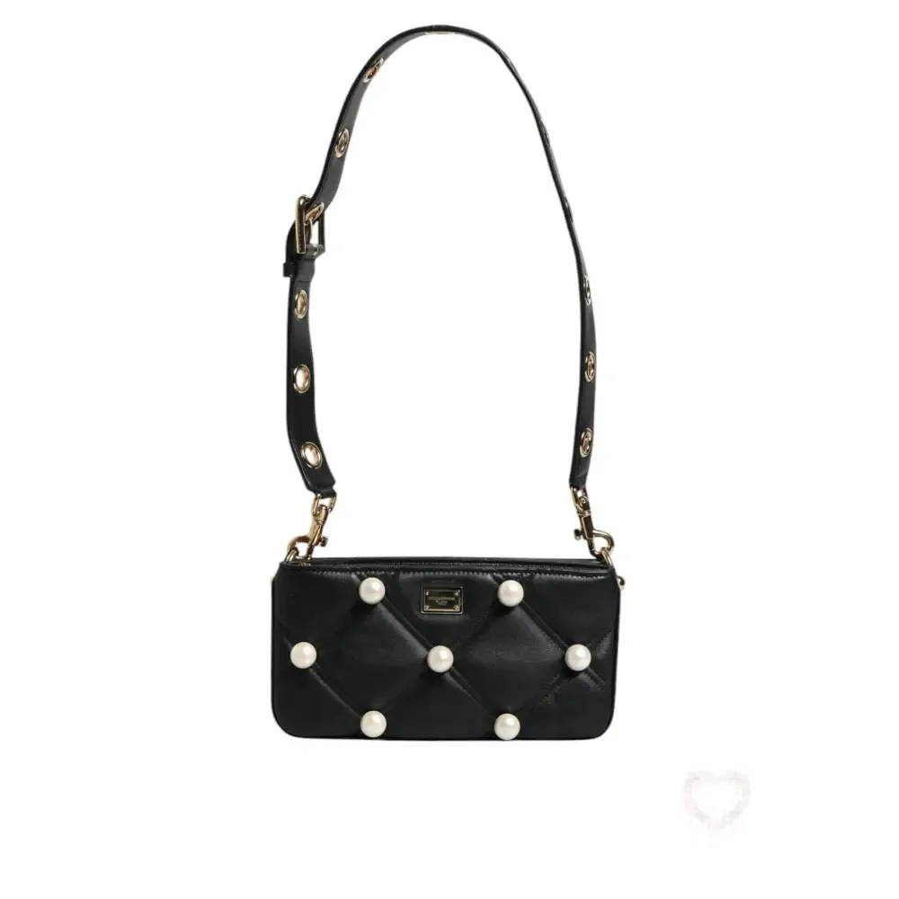 Dolce & Gabbana Black Leather Pearl Embellished Logo Shoulder Bag
