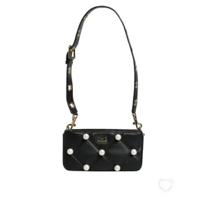 Dolce & Gabbana Black Leather Pearl Embellished Logo Shoulder Bag