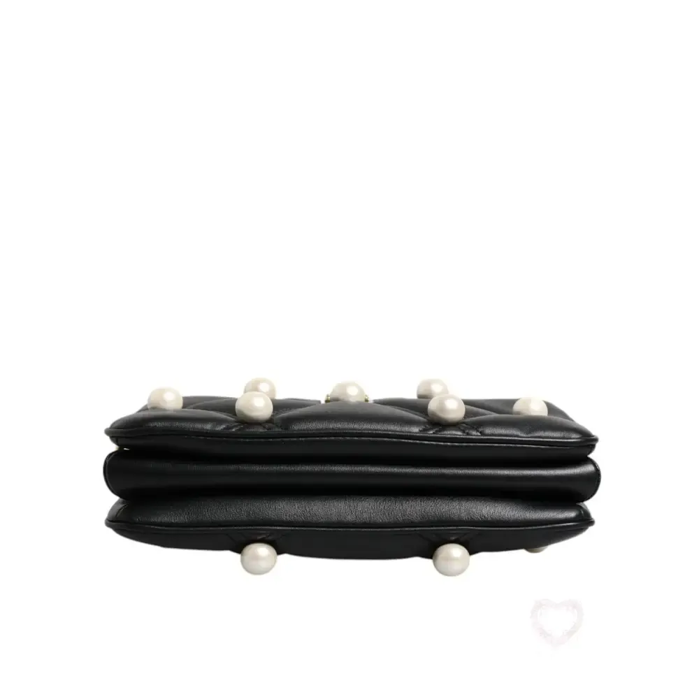 Dolce & Gabbana Black Leather Pearl Embellished Logo Shoulder Bag