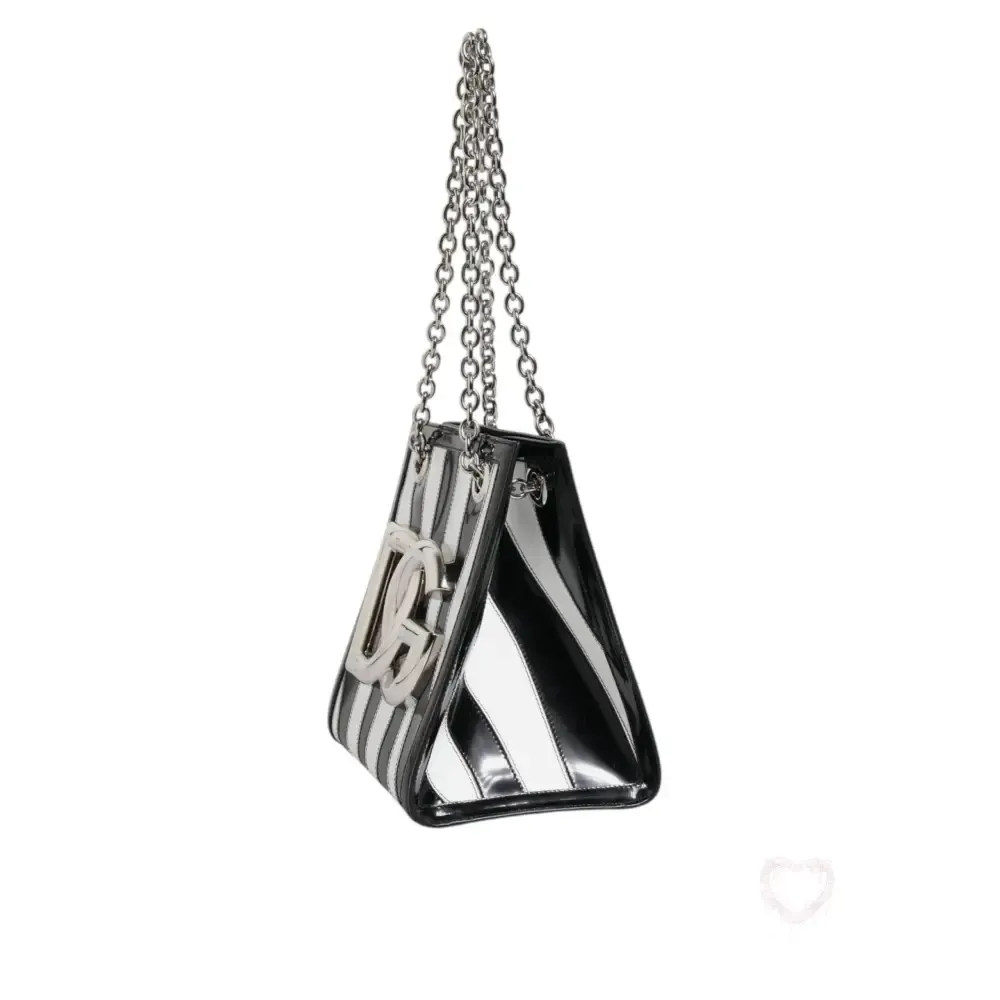 Dolce & Gabbana Black White Zebra Patchwork Logo Plaque Shoulder Bag