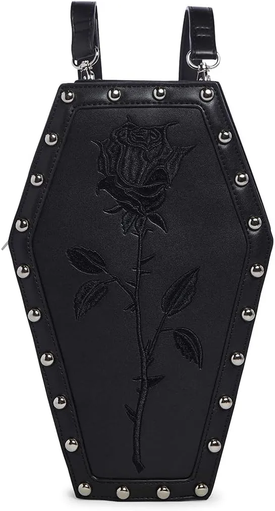 Dolls Kill Rose Resurrection Coffin Backpack by Widow - Black Vegan Leather Bag With Studded Trim, Perfect for Gothic Fashion