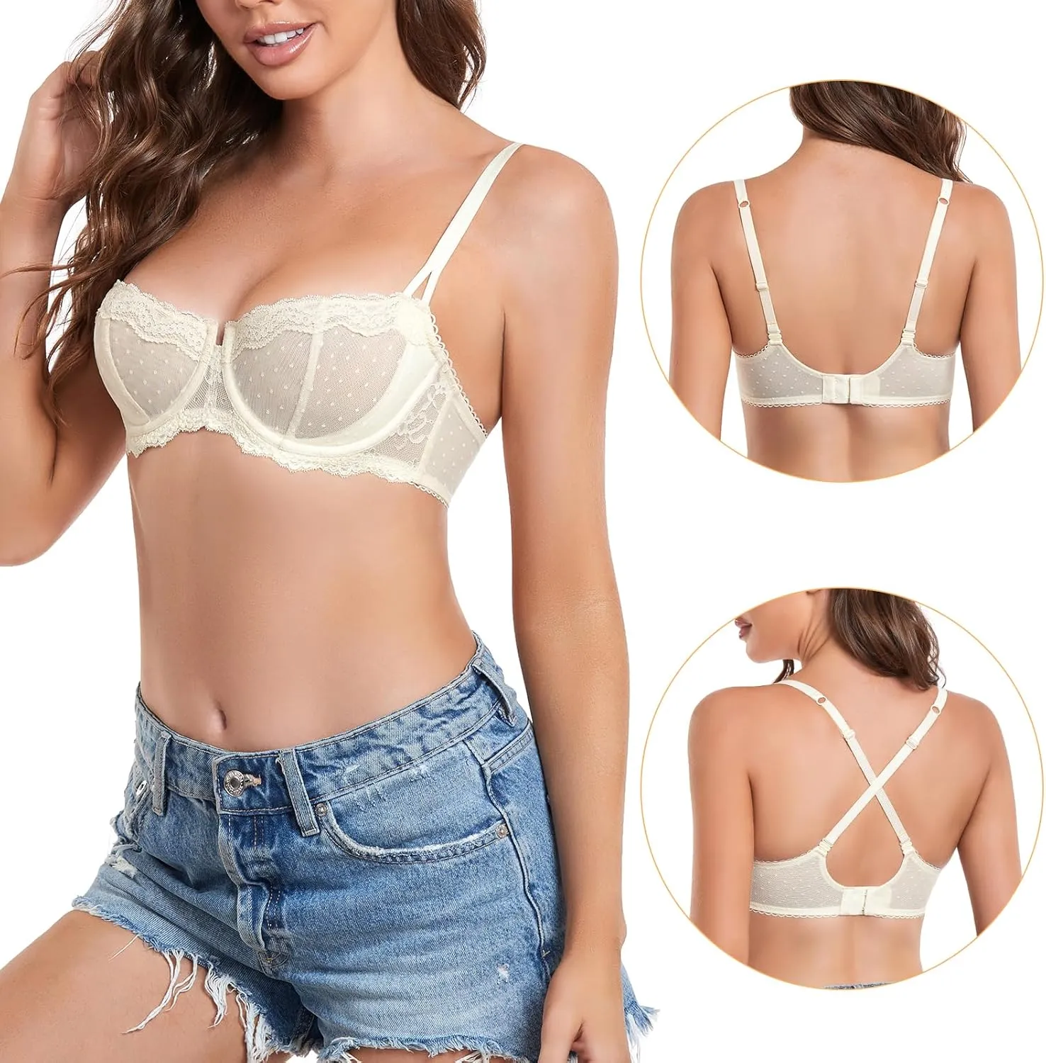 DotVol Women's Push Up Unlined Lace Sheer Underwire Multiway Everyday Bra