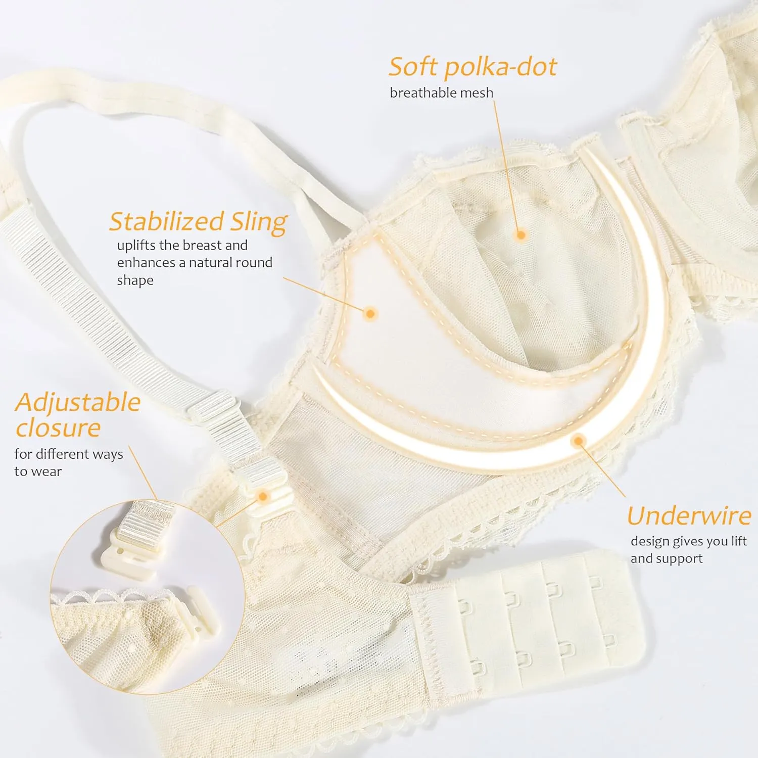DotVol Women's Push Up Unlined Lace Sheer Underwire Multiway Everyday Bra
