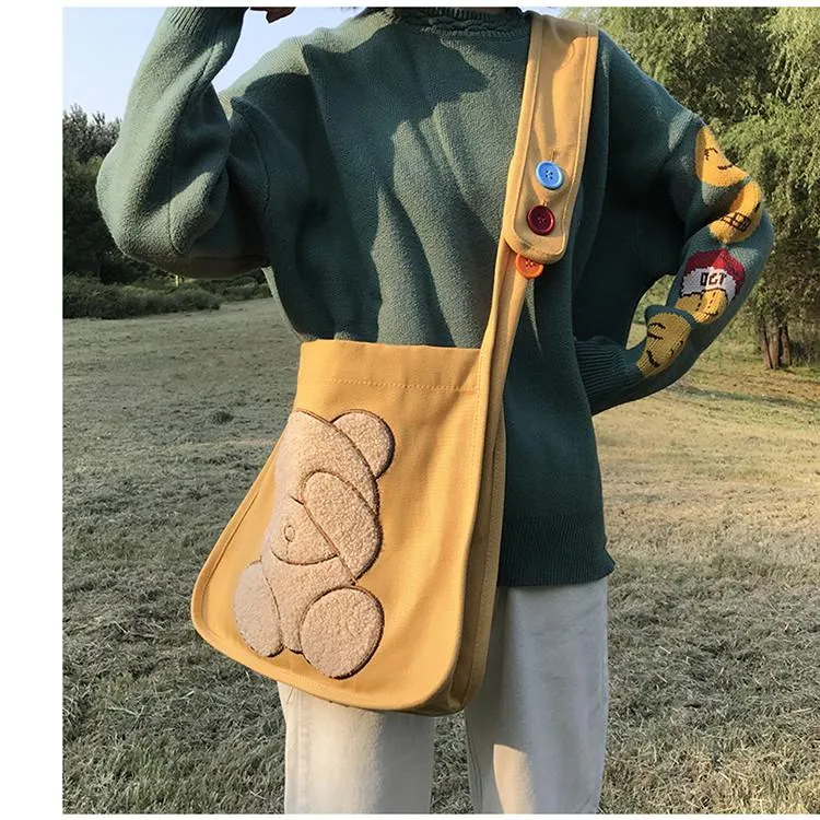 Double-Sided Embroidered Bear Shoulder Bag