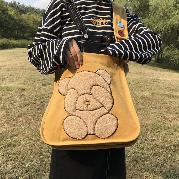 Double-Sided Embroidered Bear Shoulder Bag