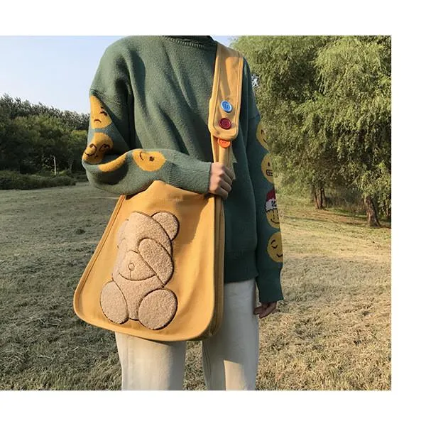 Double-Sided Embroidered Bear Shoulder Bag