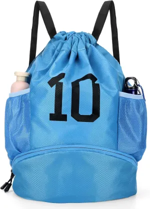 Drawstring Soccer Backpack Sports with Ball and Shoe Compartment Side Mesh Pockets Soccer Bags Water Resistant String Swim Gym Bag Wet Proof Pocket for Women Men