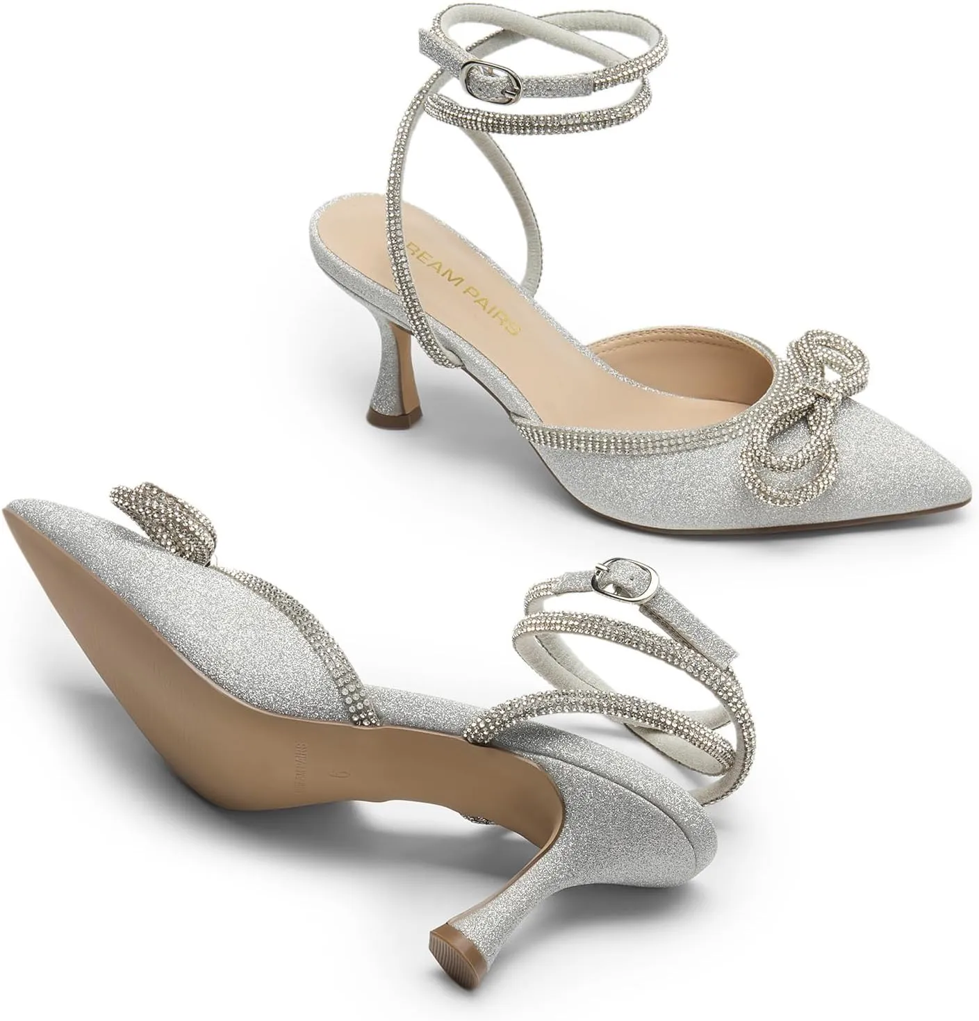 DREAM PAIRS Kitten Heels Rhinestone Bow Ankle Strap Stiletto Pointed Closed Toe Heels for Women Pumps Wedding Bridal Party Dress Shoes