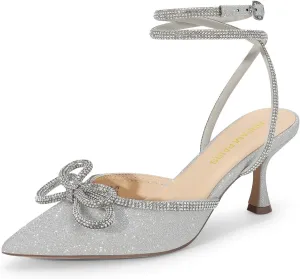 DREAM PAIRS Kitten Heels Rhinestone Bow Ankle Strap Stiletto Pointed Closed Toe Heels for Women Pumps Wedding Bridal Party Dress Shoes