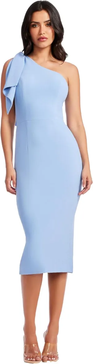 Dress the Population Women's Tiffany One Shoulder Bow Detail Midi Sheath Dress