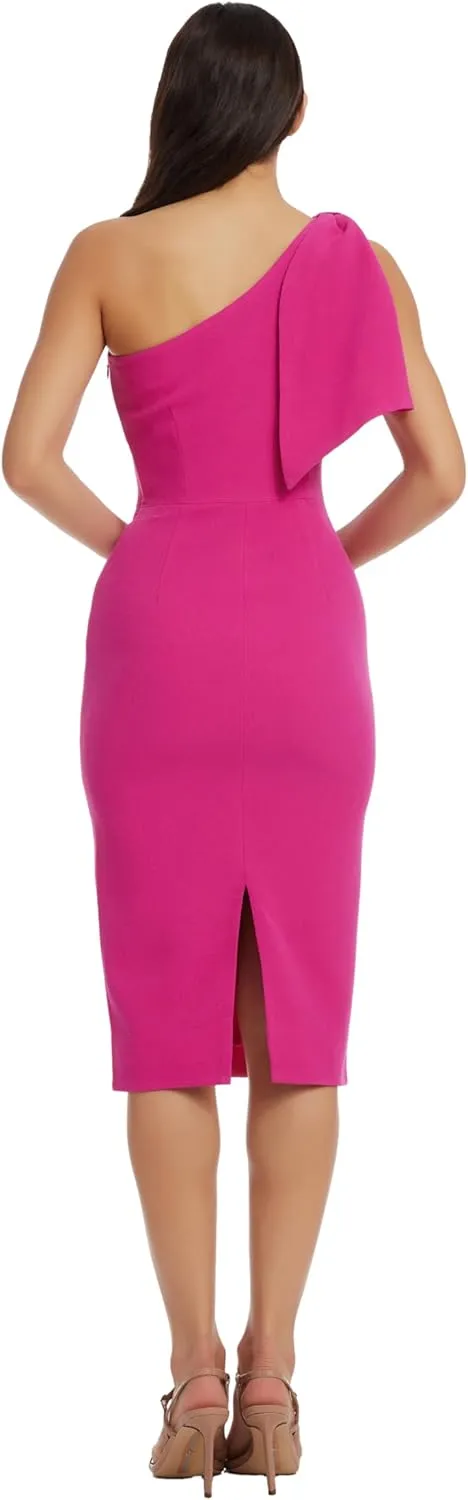 Dress the Population Women's Tiffany One Shoulder Bow Detail Midi Sheath Dress