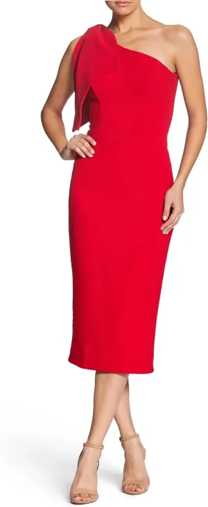 Dress the Population Women's Tiffany One Shoulder Bow Detail Midi Sheath Dress