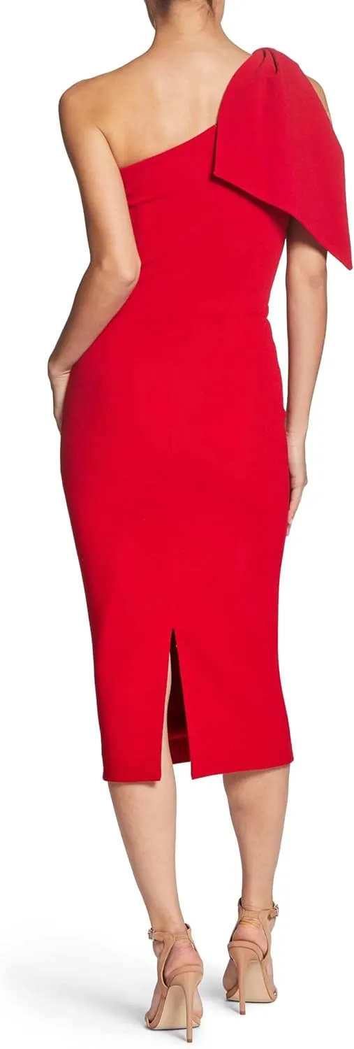 Dress the Population Women's Tiffany One Shoulder Bow Detail Midi Sheath Dress