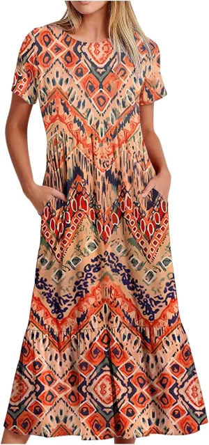 Dresses for Women Summer 2025 Casual Short Sleeve Tie-Dye Midi Sundress Flowy Long T-Shirts Dress with Pockets