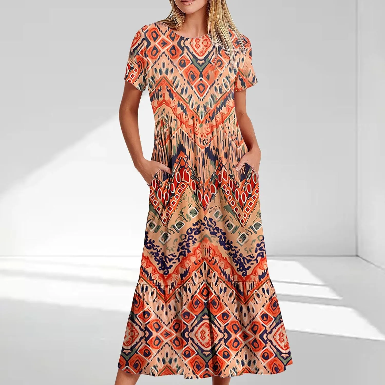 Dresses for Women Summer 2025 Casual Short Sleeve Tie-Dye Midi Sundress Flowy Long T-Shirts Dress with Pockets